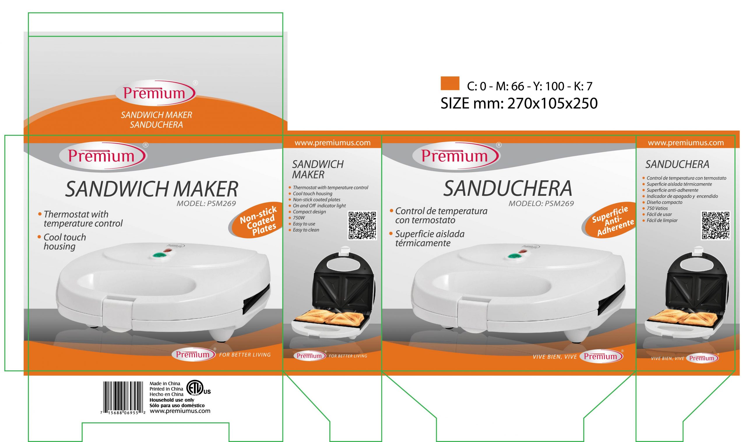 Sandwichera, 2 Rebanas, Premium PSM269 - Culectric